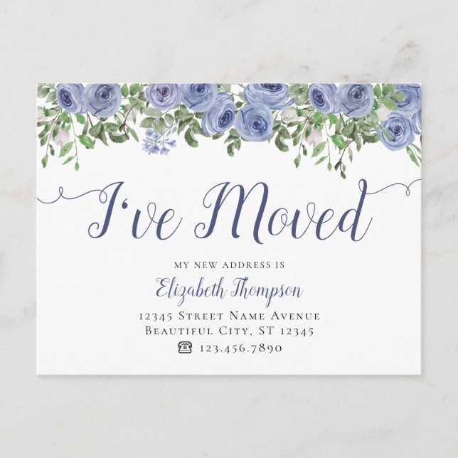 Floral I Have Moved New Address Blue Moving Announcement Postcard (Front)