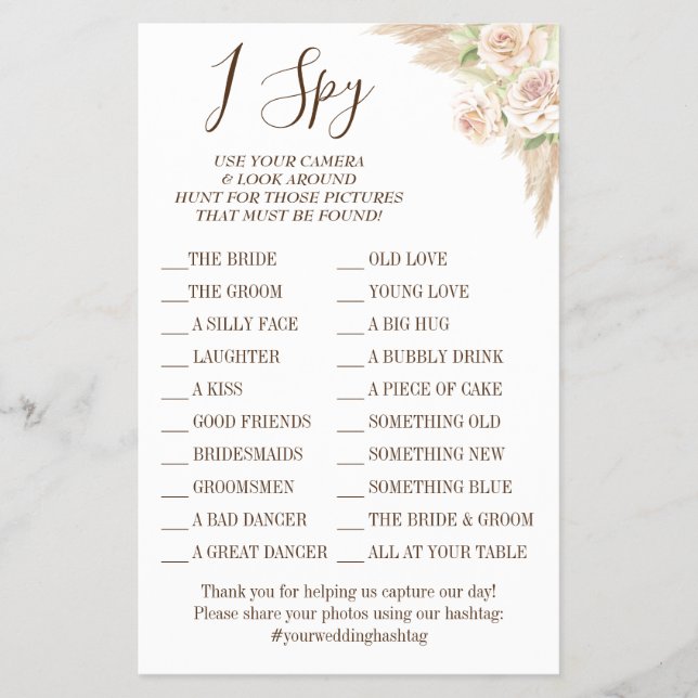 Floral I spy wedding reception game card (Front)