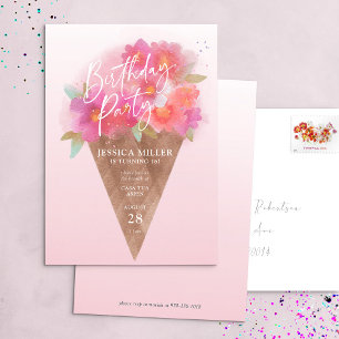 Floral Ice Cream Cone Birthday Party Invitation