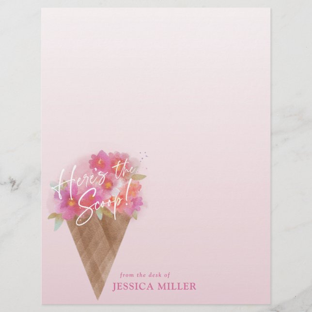 Floral Ice Cream Cone Here's the Scoop Custom Letterhead (Front)