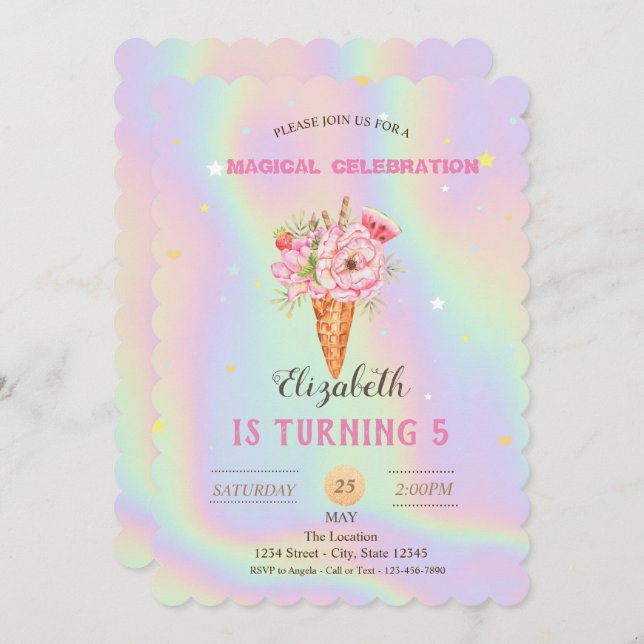 Floral Ice cream Holographic Birthday Invitation (Front/Back)