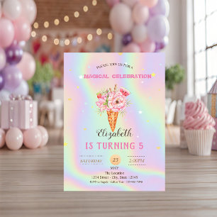 Floral Ice cream Holographic Birthday Invitation