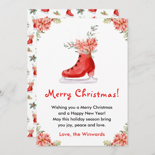 Floral Ice Skate Red Merry Christmas Holiday Card (Front/Back)