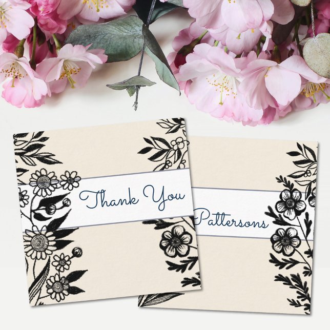 Floral illustration black drawing white and beige square business card (Creator Uploaded)