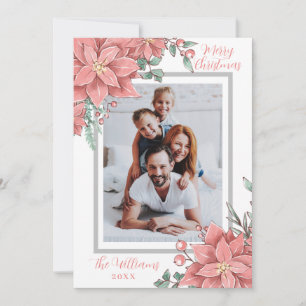 Floral Illustration Merry Christmas Custom Photo Holiday Card