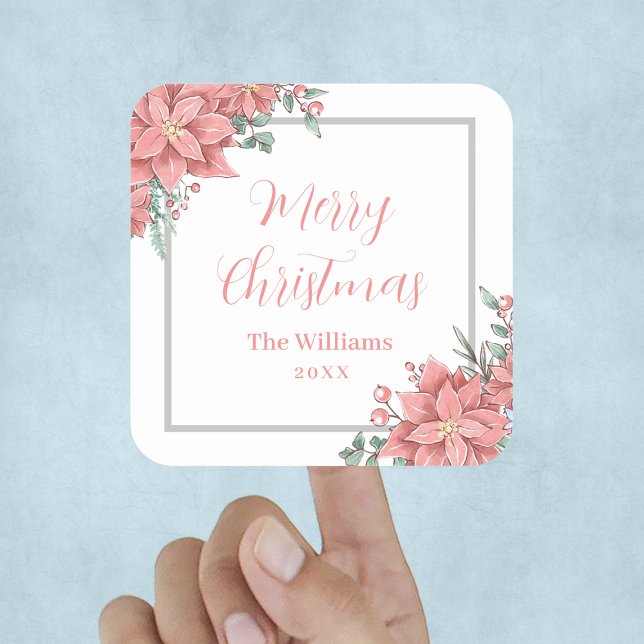 Floral Illustration Merry Christmas Custom Square Sticker (Floral Illustration Merry Christmas Custom Square Sticker
)