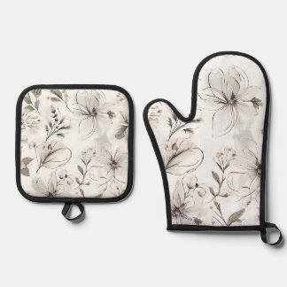 Floral Illustration Oven Mitt & Pot Holder Set