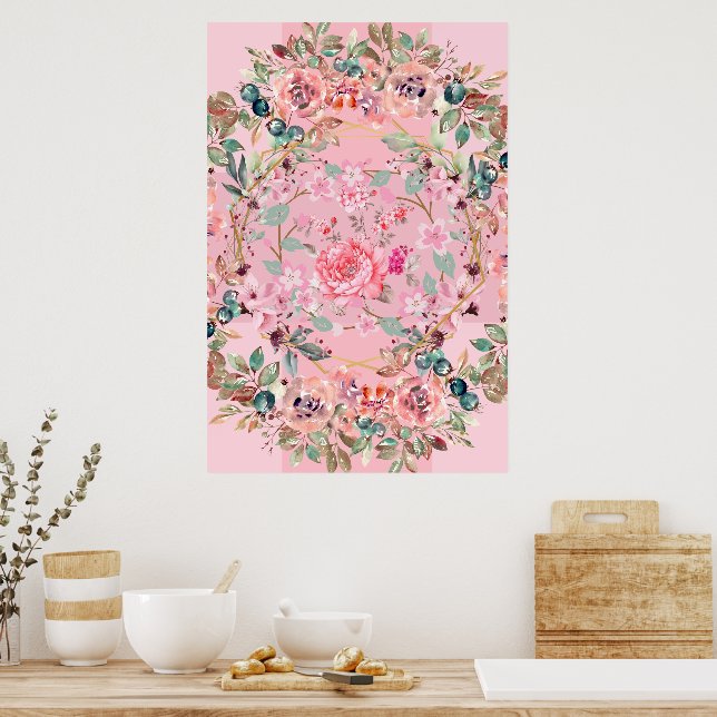 Floral Illustration, Pink Floral Wreath Poster (Kitchen)