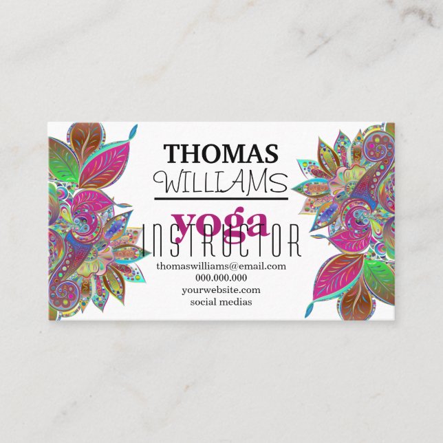 Floral illustration yoga instructor Mandala Henna Business Card (Front)