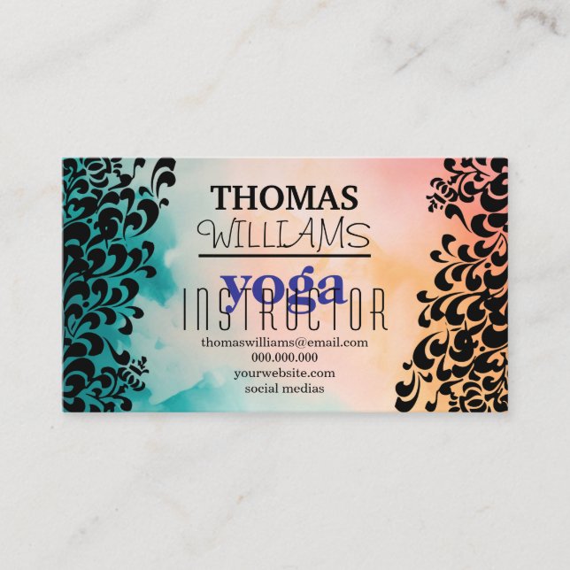 Floral illustration yoga instructor Mandala Henna Business Card (Front)
