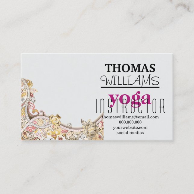 Floral illustration yoga instructor Mandala Henna Business Card (Front)