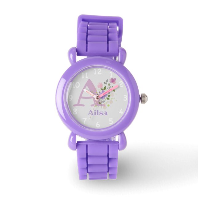 Floral Image with Numerals, Name & Initial Child's Watch (Front)