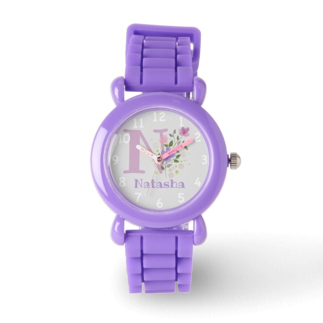 Floral Image with Numerals, Name & Initial Child's Watch (Front)