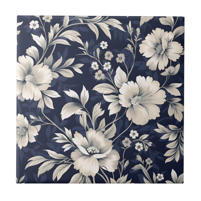 Floral in Blue Ceramic Tile (Front)
