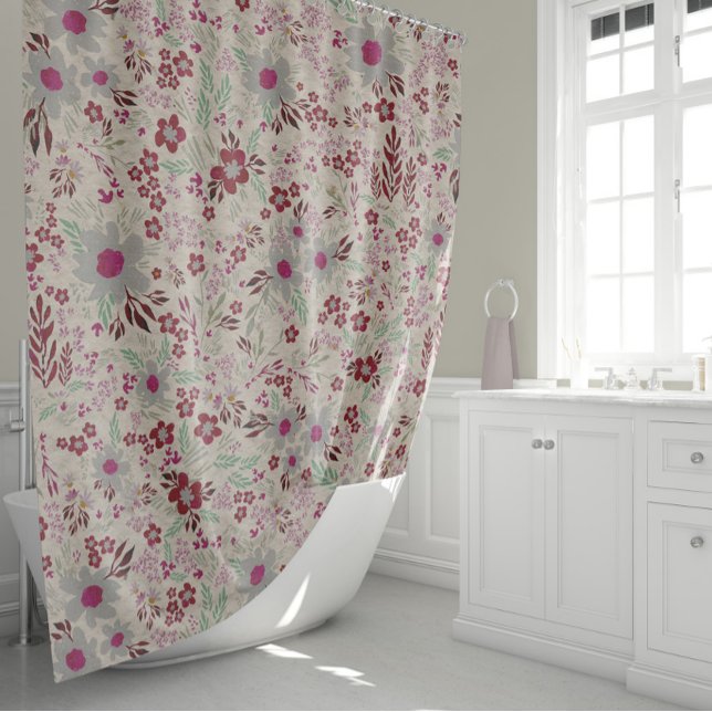 Floral In Grey And Pink Magenta Shower Curtain (Ditsy Floral In Gray And Magenta Textured Shower Curtain by Jenn Steffen for Studio Posies.)