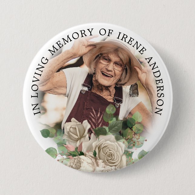 Floral In Loving Memory | Remembrance Photo 7.5 Cm Round Badge (Front)