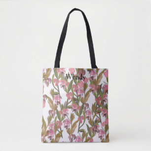 Floral in Pink, Olive Green Personalized Option Tote Bag