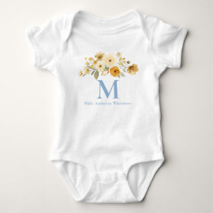 Floral Initial Baby Bodysuit Blue Monogram Name