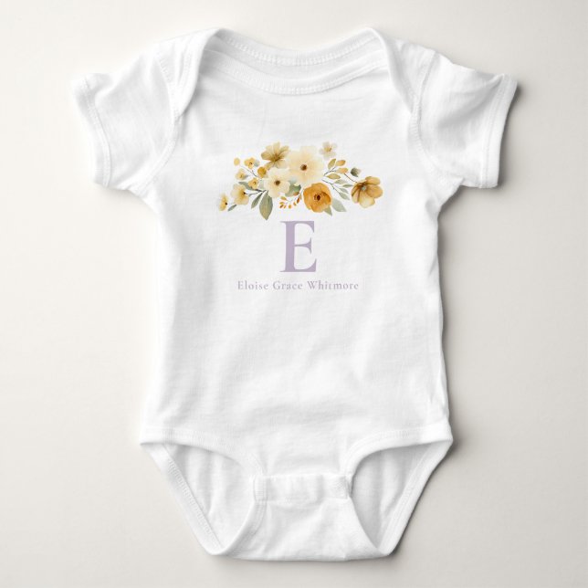 Floral Initial Baby Bodysuit | Lavender Monogram (Front)