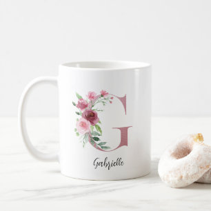 Floral Initial G Burgundy Roses Editable Name Coffee Mug