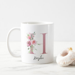 Floral Initial H Blush Roses Editable Name Coffee Mug