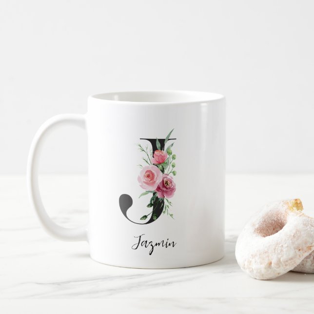 Floral Initial J Pink Roses Editable Name Coffee Mug (With Donut)