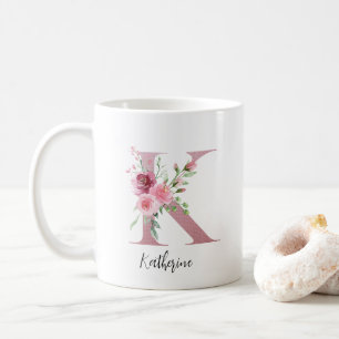 Floral Initial K Blush Roses Editable Name Coffee Mug