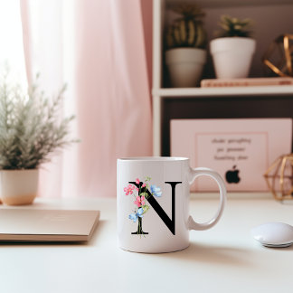 Floral Initial Monogram N Mug