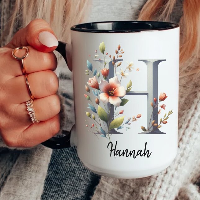 Floral Initial Mug, Custom Mug for Mum or Grandma (custom wildflower mug, personalized initial mug, wildflower coffee mug, birth flower mug for women,)