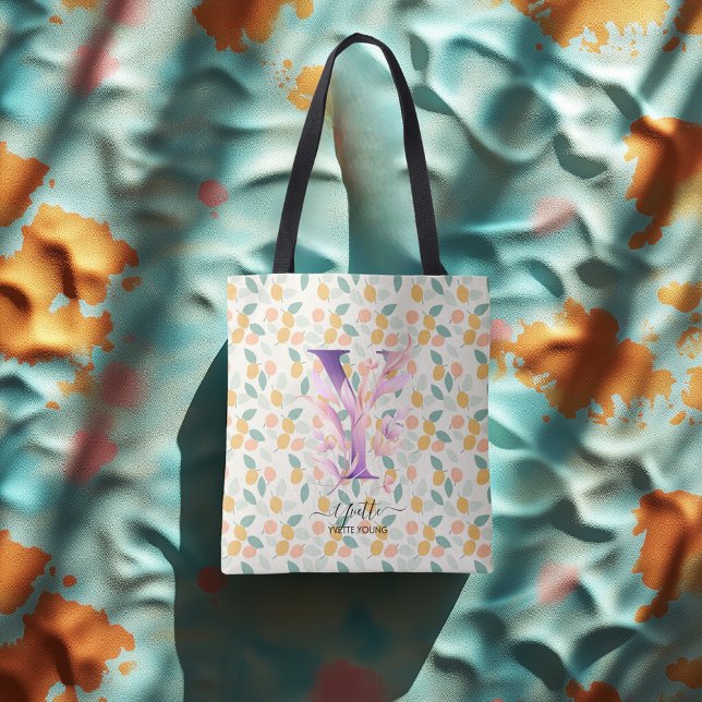 Floral Initial Y Tote Bag with Boho Pastel Pattern (Creator Uploaded)