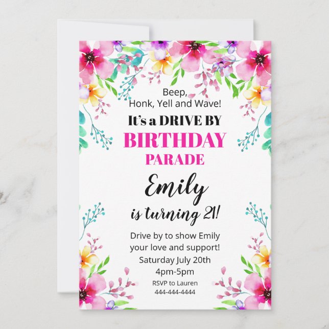 Floral Invitation Birthday Drive By Parade Invitat (Front)
