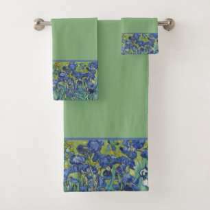 Floral Iris Border on Sage Green Background Bath Towel Set