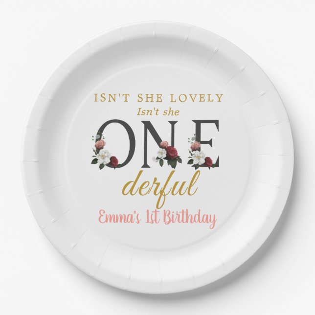 Floral Isn't She Lovely Onederful 1st Birthday Paper Plate (Front)