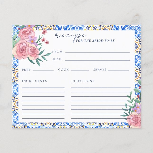 Floral Italian Blue Tile Bridal Shower Recipe Card (Front)