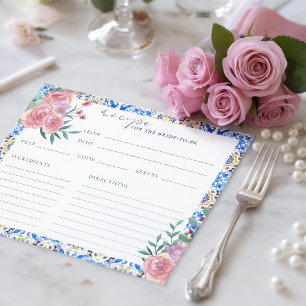 Floral Italian Blue Tile Bridal Shower Recipe Card
