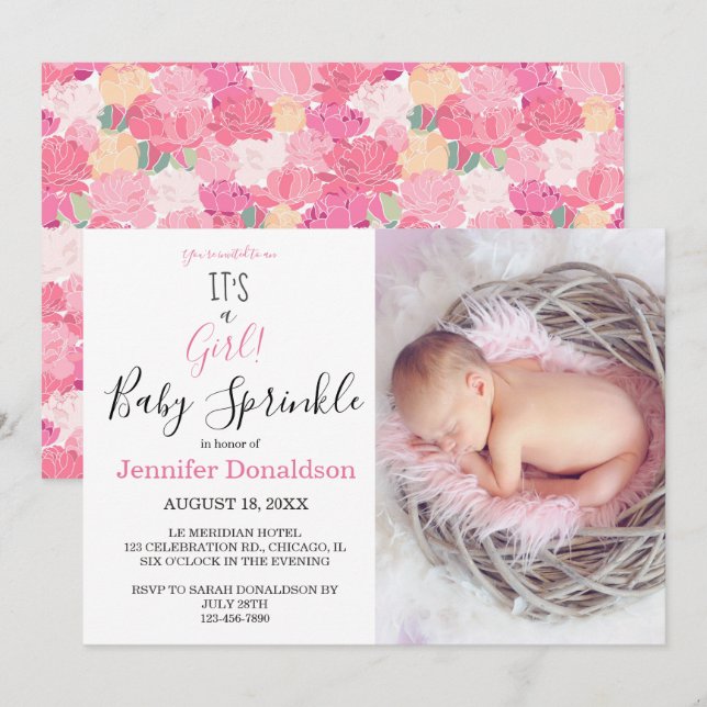 Floral It's a Girl! Pink Photo Baby Sprinkle Invitation (Front/Back)