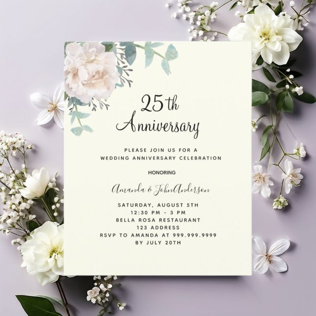 Floral ivory 25th wedding anniversary invitation (Creator Uploaded)