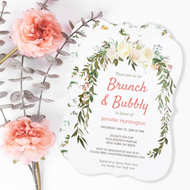 Floral Ivory Coral Brunch & Bubbly Bridal Shower Invitation (Creator Uploaded)