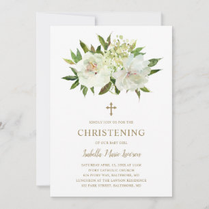 Floral Ivory Gold Cross Baby Girl Christening Invitation