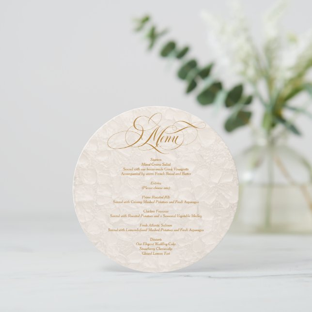 Floral Ivory Gold Elegant Script Wedding Menu Card (Standing Front)
