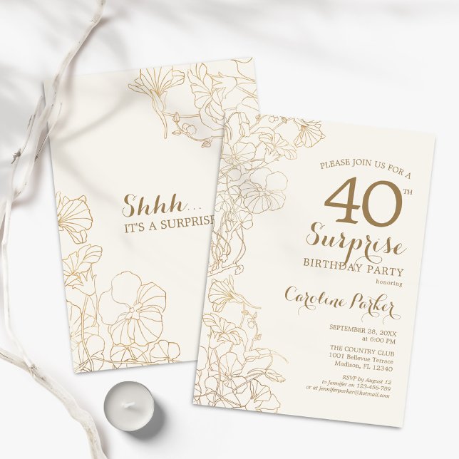 Floral Ivory Gold Surprise 40th Birthday Party Invitation (Creator Uploaded)