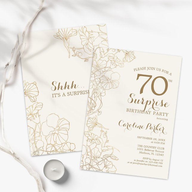 Floral Ivory Gold Surprise 70th Birthday Party Invitation (Creator Uploaded)