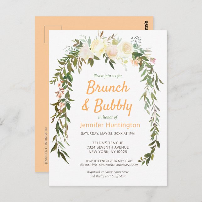 Floral Ivory Peach Brunch & Bubbly Bridal Shower Postcard (Front/Back)