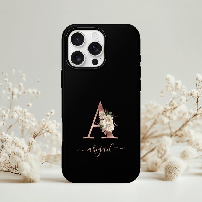 Floral Ivory Rose Gold Monogram Letter "A" Black Case-Mate iPhone Case (Creator Uploaded)
