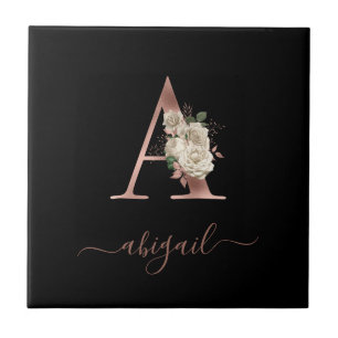Floral Ivory Rose Gold Monogram Letter "A" Black Ceramic Tile
