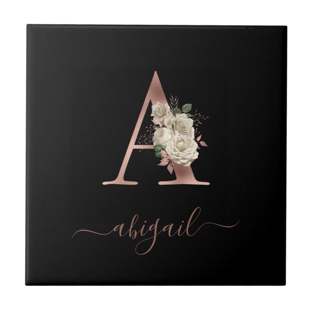 Floral Ivory Rose Gold Monogram Letter "A" Black Ceramic Tile (Front)