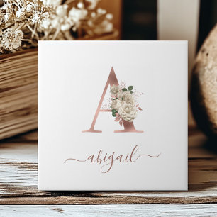 Floral Ivory Rose Gold Monogram Letter "A" Ceramic Tile
