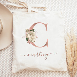 Floral Ivory Rose Gold Monogram Letter C Tote Bag