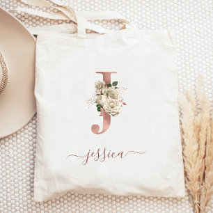 Floral Ivory Rose Gold Monogram Letter J Tote Bag