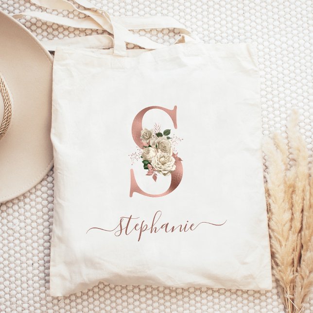 Floral Ivory Rose Gold Monogram Letter S Tote Bag (Creator Uploaded)